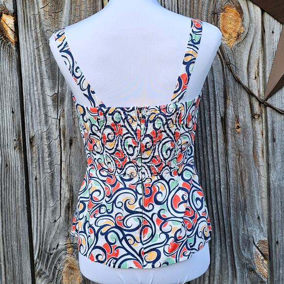 Swirl Print Tank CAbi Keepsake Cami Size 6 Cotton White Orange Zip Smocked Back - Picture 3 of 9